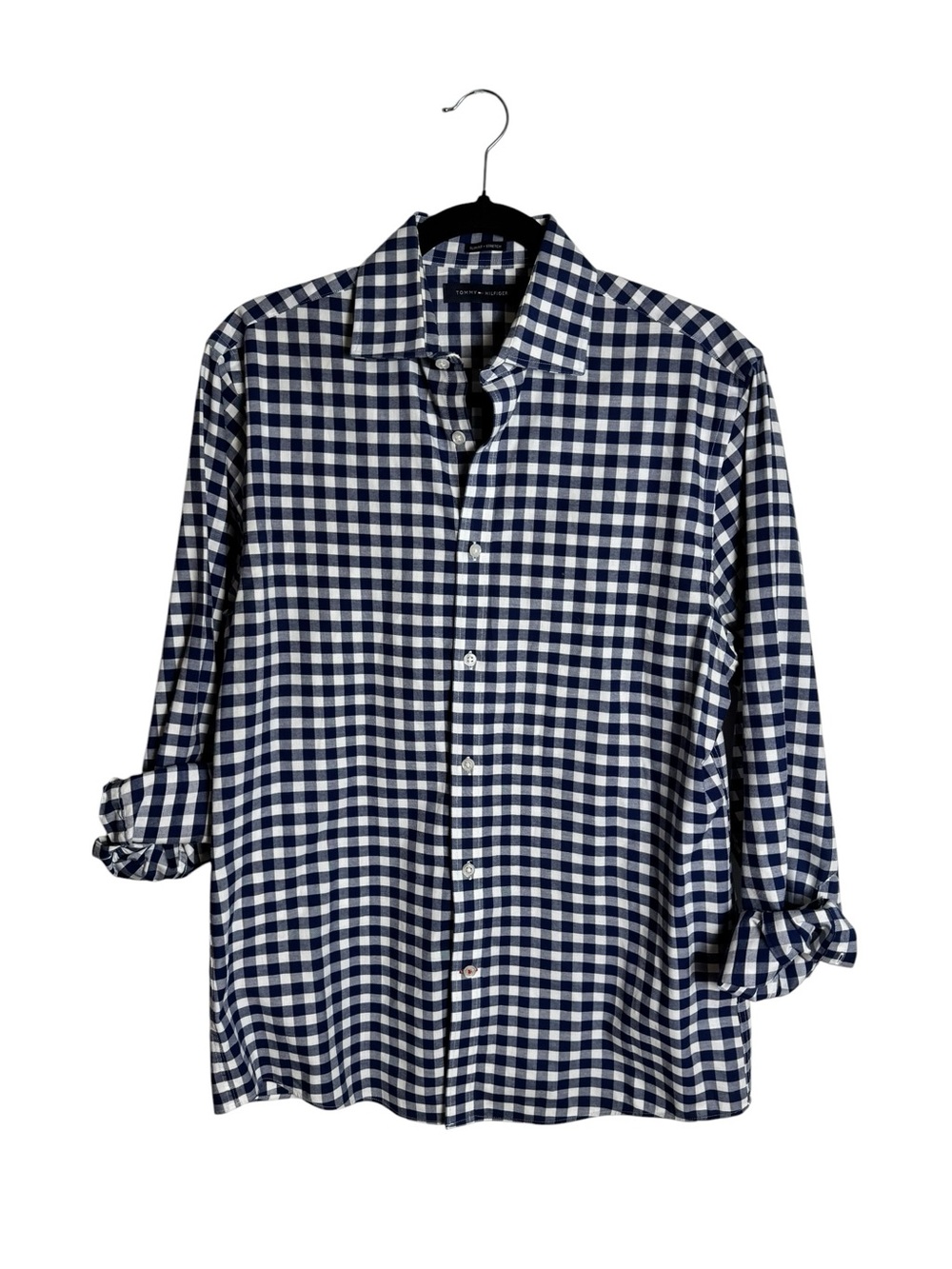 Tommy Hilfiger Men’s Navy Blue White Plaid Gingham Button-up Dress Shirt